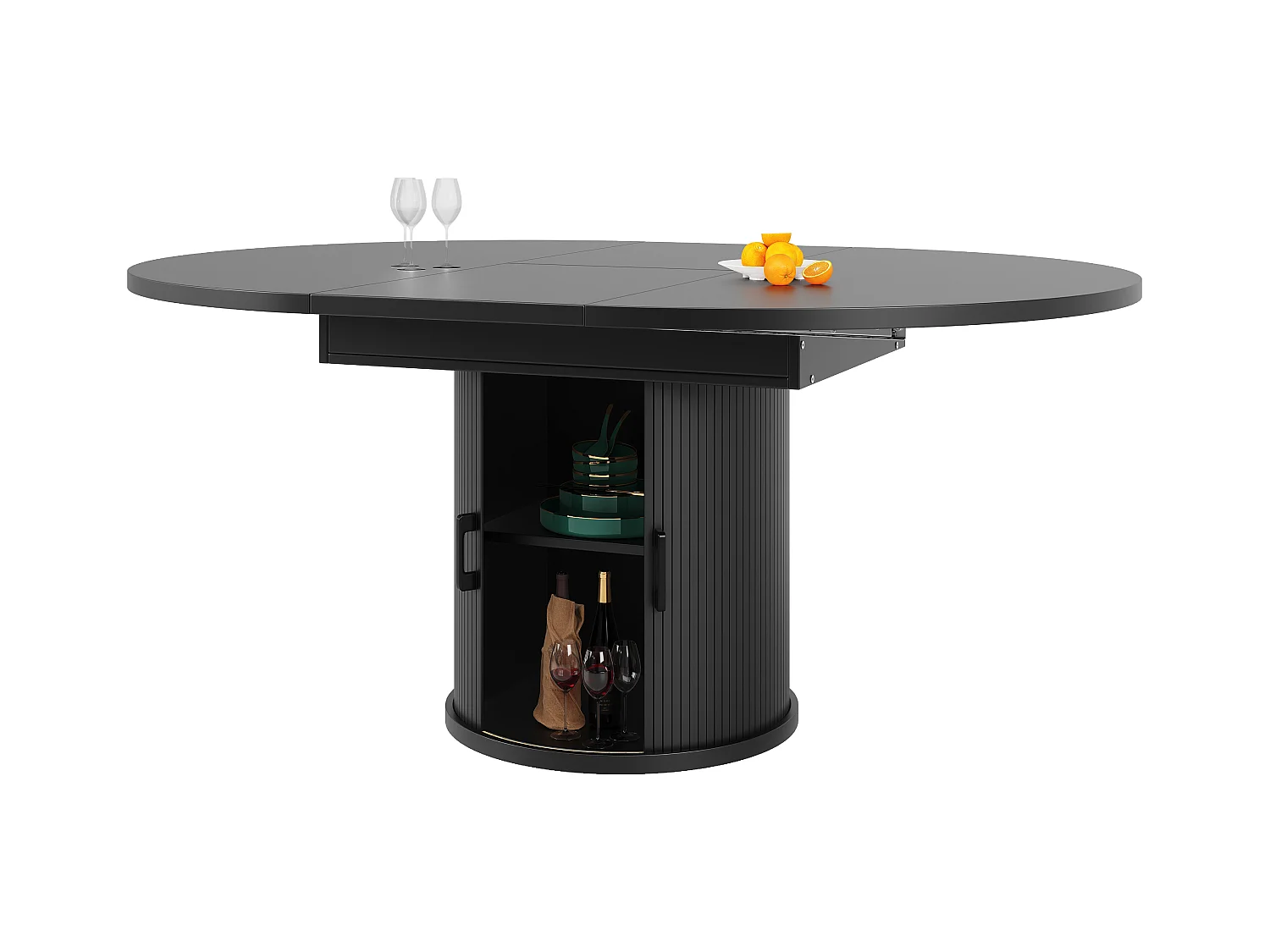 Table à manger extensible - MDF - Table ronde - 118-158 cm - 6 personnes - 1 porte - 2 étagères - Noir