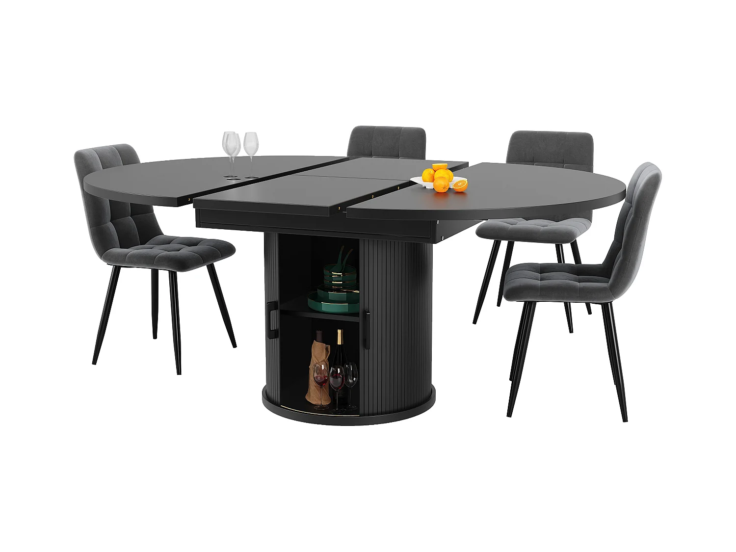 Table à manger extensible - MDF - Table ronde - 118-158 cm - 6 personnes - 1 porte - 2 étagères - Noir