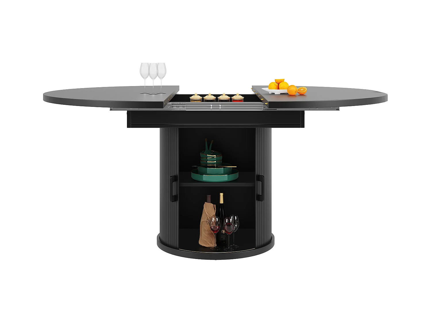 Table à manger extensible - MDF - Table ronde - 118-158 cm - 6 personnes - 1 porte - 2 étagères - Noir