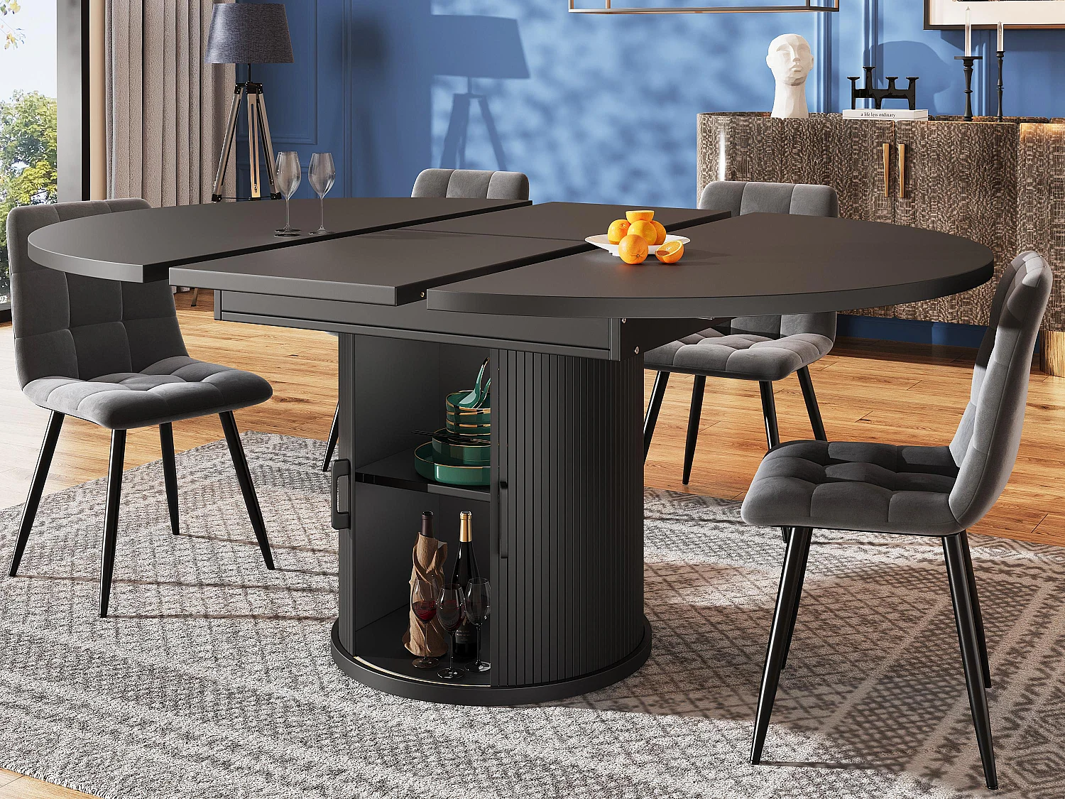 Table à manger extensible - MDF - Table ronde - 118-158 cm - 6 personnes - 1 porte - 2 étagères - Noir