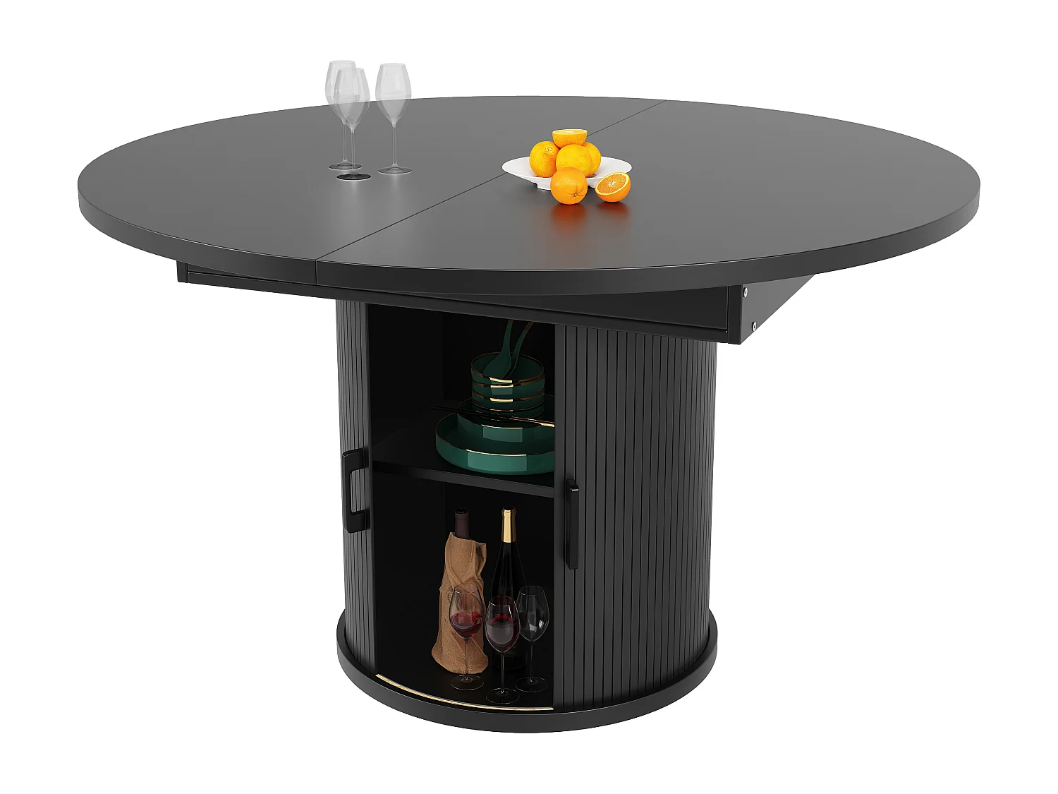 Table à manger extensible - MDF - Table ronde - 118-158 cm - 6 personnes - 1 porte - 2 étagères - Noir
