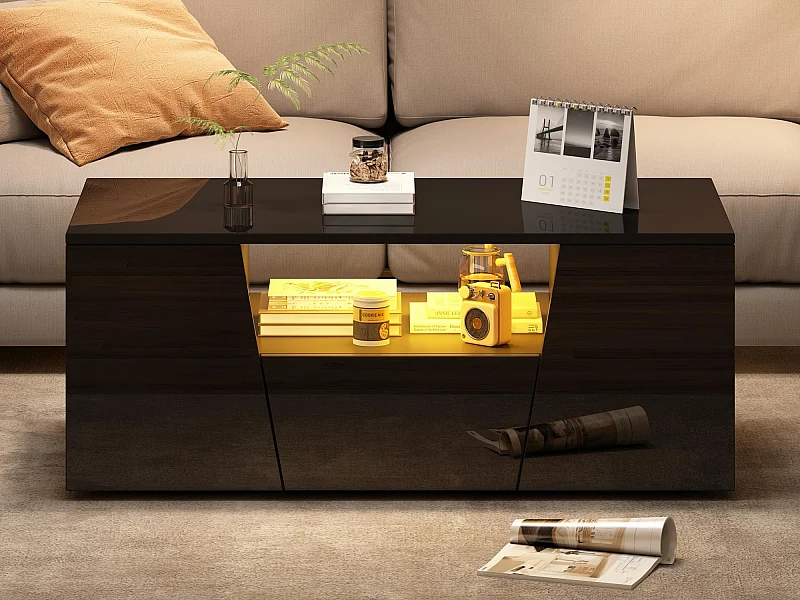 Hochglanz-Couchtisch 100×50×40 cm - mit LED-Beleuchtung - 2 Türen und 1 Schublade - schwarz