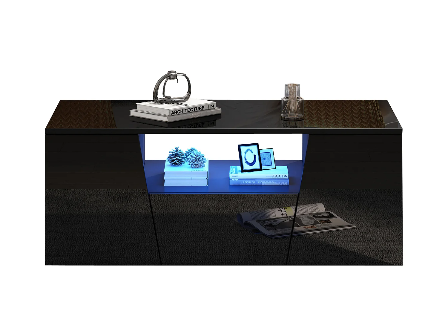 Table basse haute brillance 100x50x40 cm - avec éclairage LED - 2 portes et 1 tiroir - noir