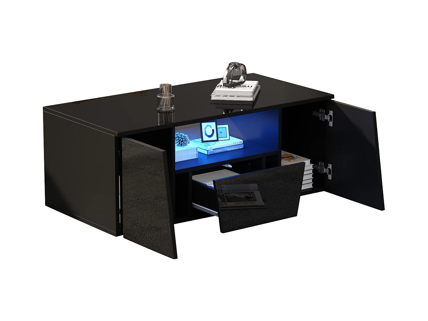 Table basse haute brillance 100x50x40 cm - avec éclairage LED - 2 portes et 1 tiroir - noir