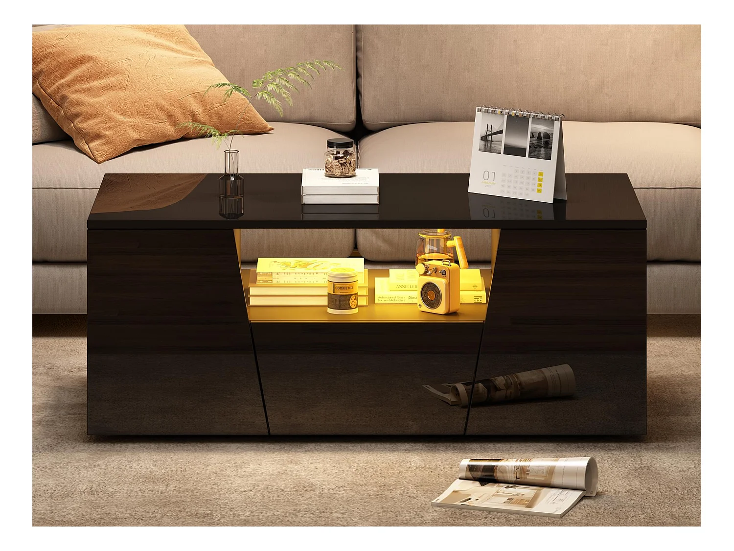 Table basse haute brillance 100x50x40 cm - avec éclairage LED - 2 portes et 1 tiroir - noir