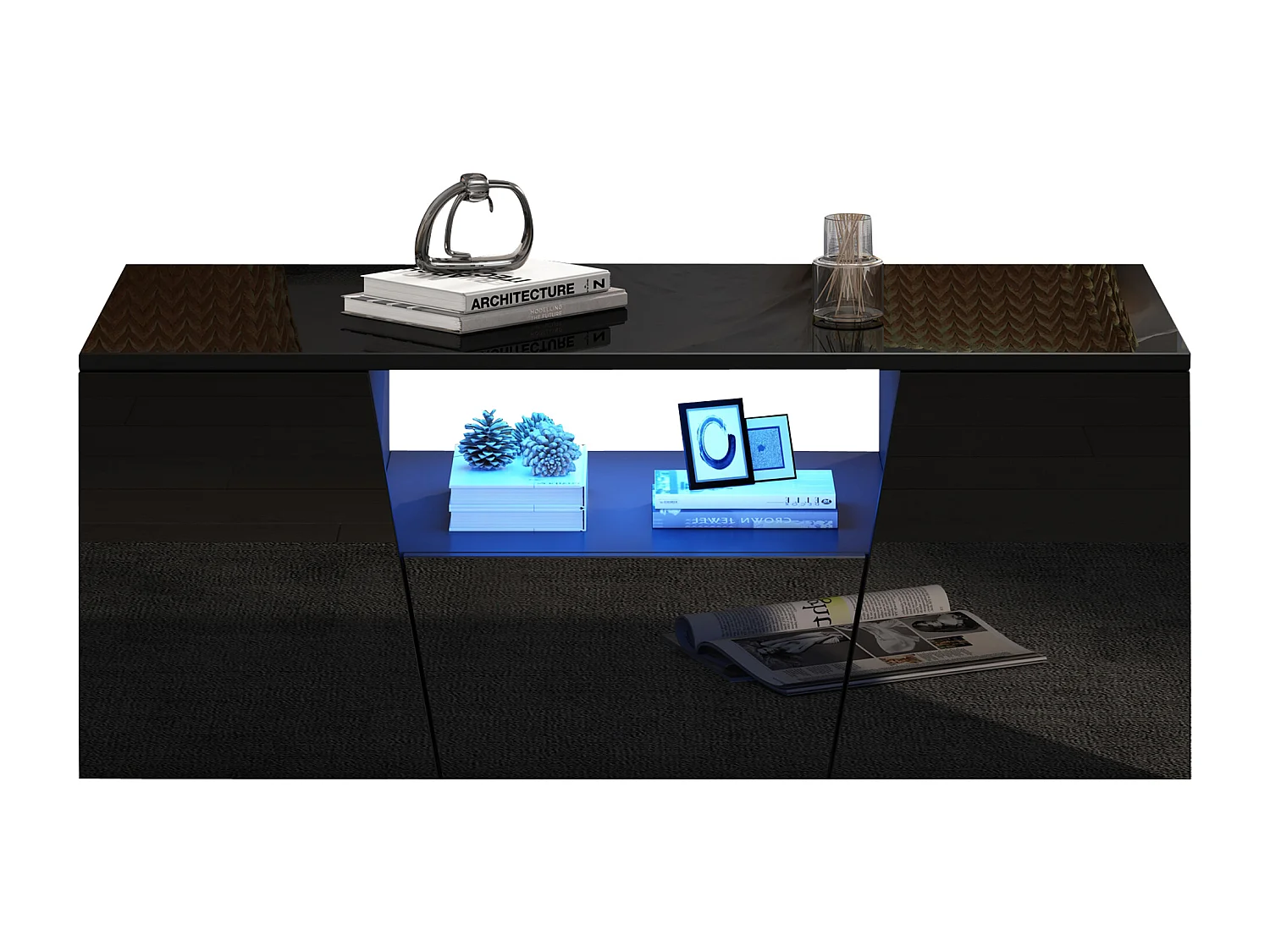 Table basse haute brillance 100x50x40 cm - avec éclairage LED - 2 portes et 1 tiroir - noir