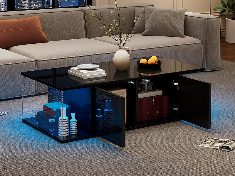 Mesa de centro brilhante 100×50×30 cm - com iluminação LED - 2 portas - preto