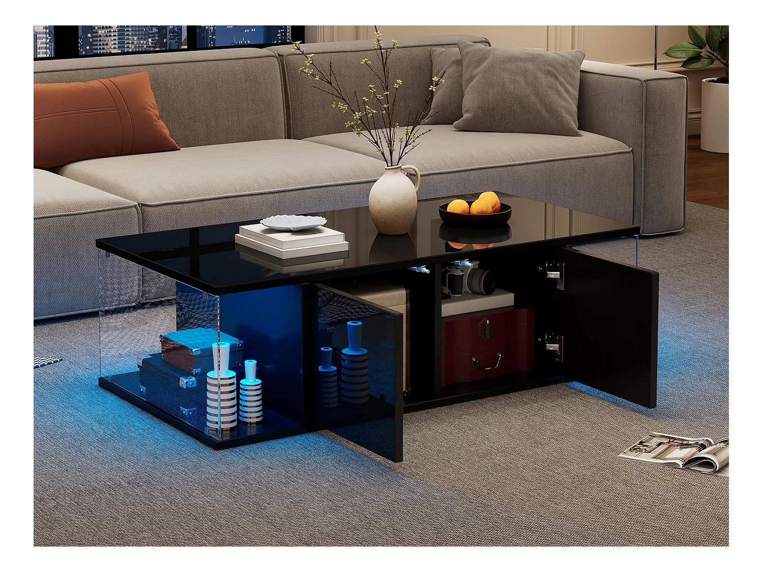 Table basse haute brillance 100x50x30cm - avec éclairage LED - 2 portes - noir