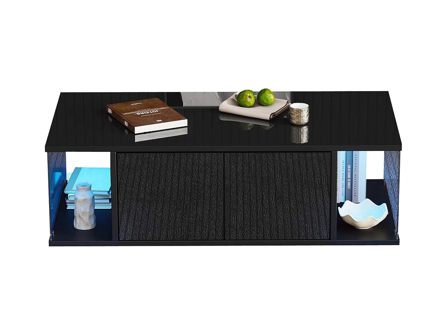 Table basse haute brillance 100x50x30cm - avec éclairage LED - 2 portes - noir