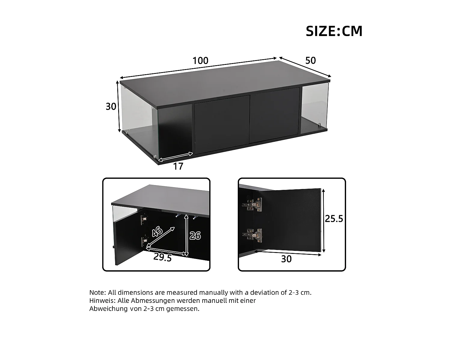Table basse haute brillance 100x50x30cm - avec éclairage LED - 2 portes - noir