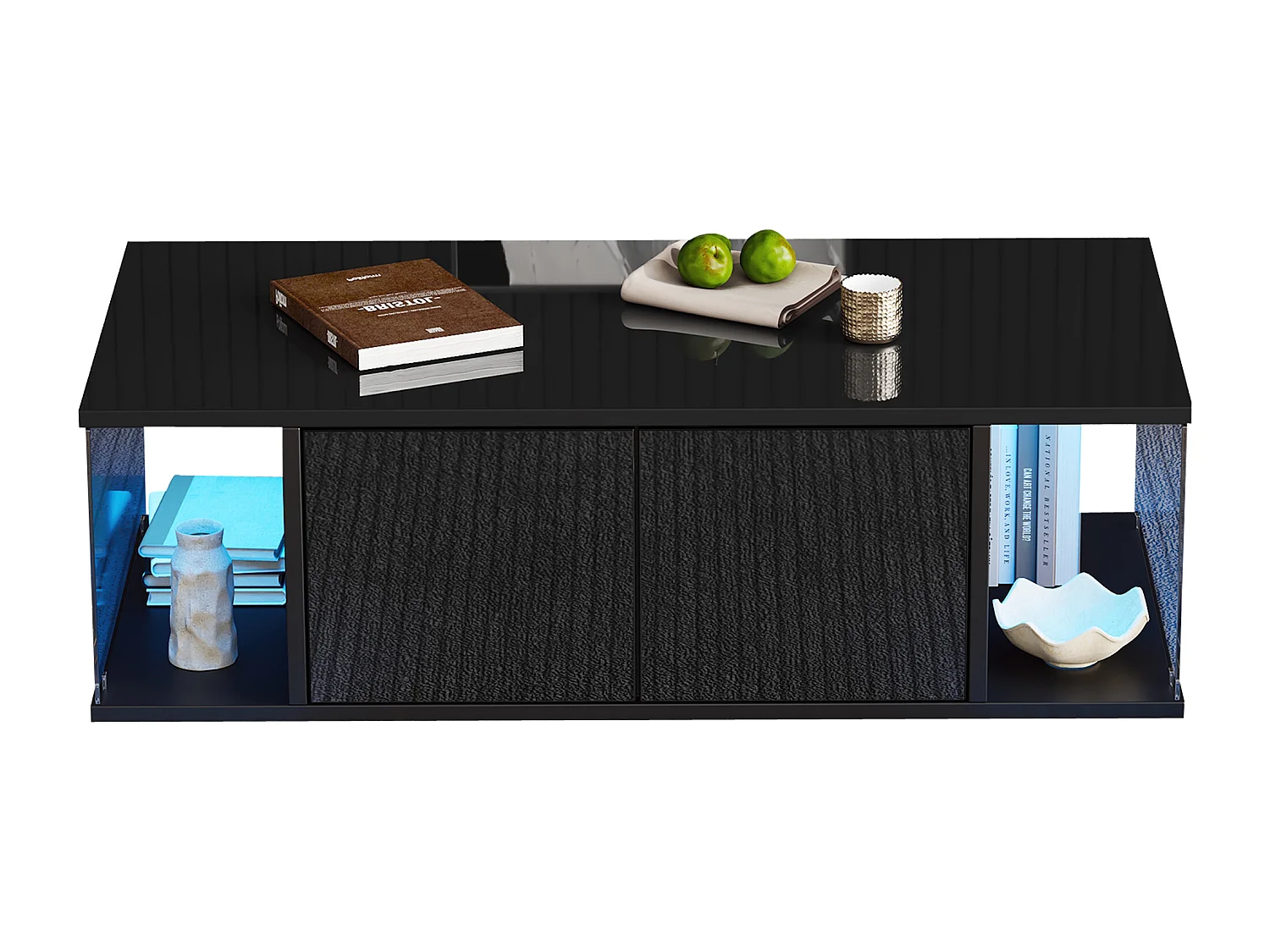 Table basse haute brillance 100x50x30cm - avec éclairage LED - 2 portes - noir