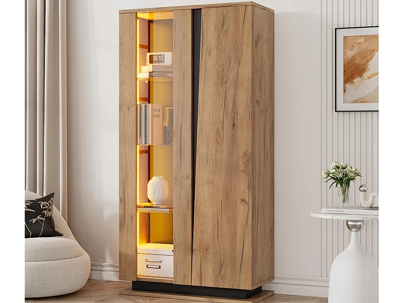 Vitrine 80×35×160 cm - com 2 portas - iluminação LED - portas de acrílico - painel de partículas - natural