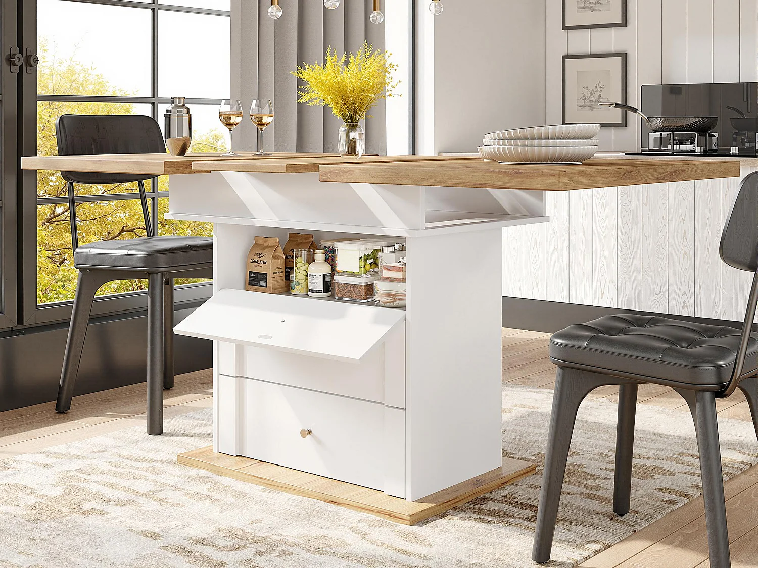 Table à manger extensible 110-140×80cm - 4-6 personne - 1 porte et 2 tiroirs - Style moderne - Blanc