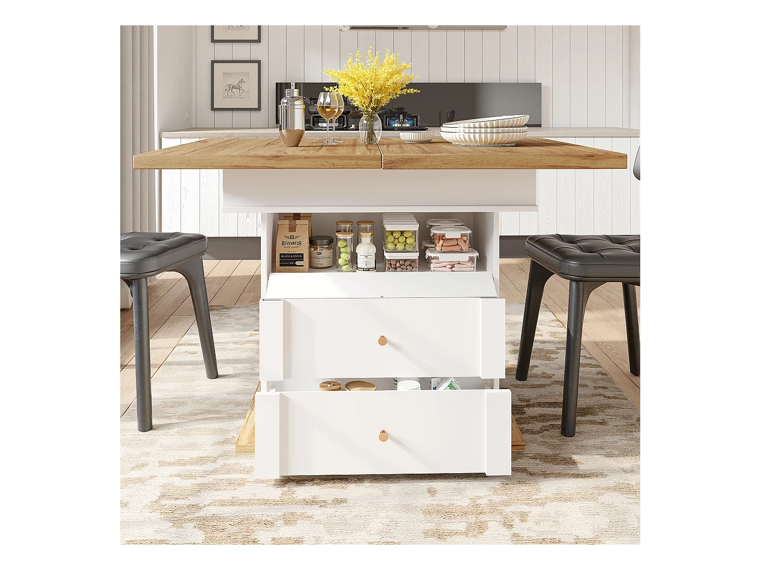 Table à manger extensible 110-140×80cm - 4-6 personne - 1 porte et 2 tiroirs - Style moderne - Blanc