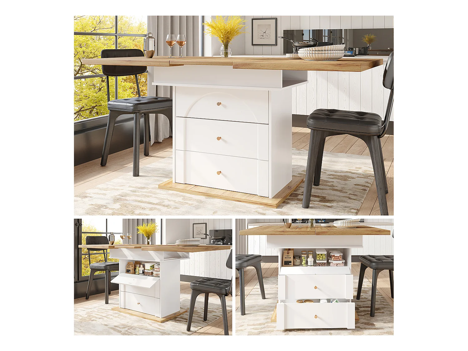 Table à manger extensible 110-140×80cm - 4-6 personne - 1 porte et 2 tiroirs - Style moderne - Blanc