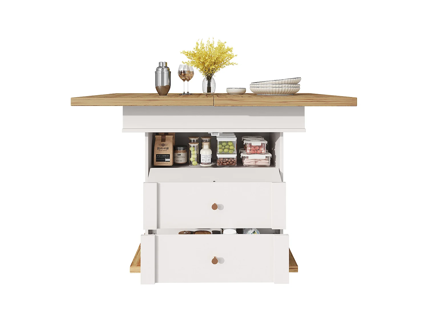 Table à manger extensible 110-140×80cm - 4-6 personne - 1 porte et 2 tiroirs - Style moderne - Blanc