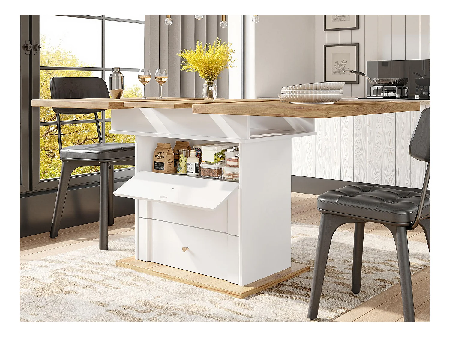 Uitschuifbare eettafel 110-140×80 cm - voor 4-6 personen - met 1 deur en 2 laden - moderne stijl - wit