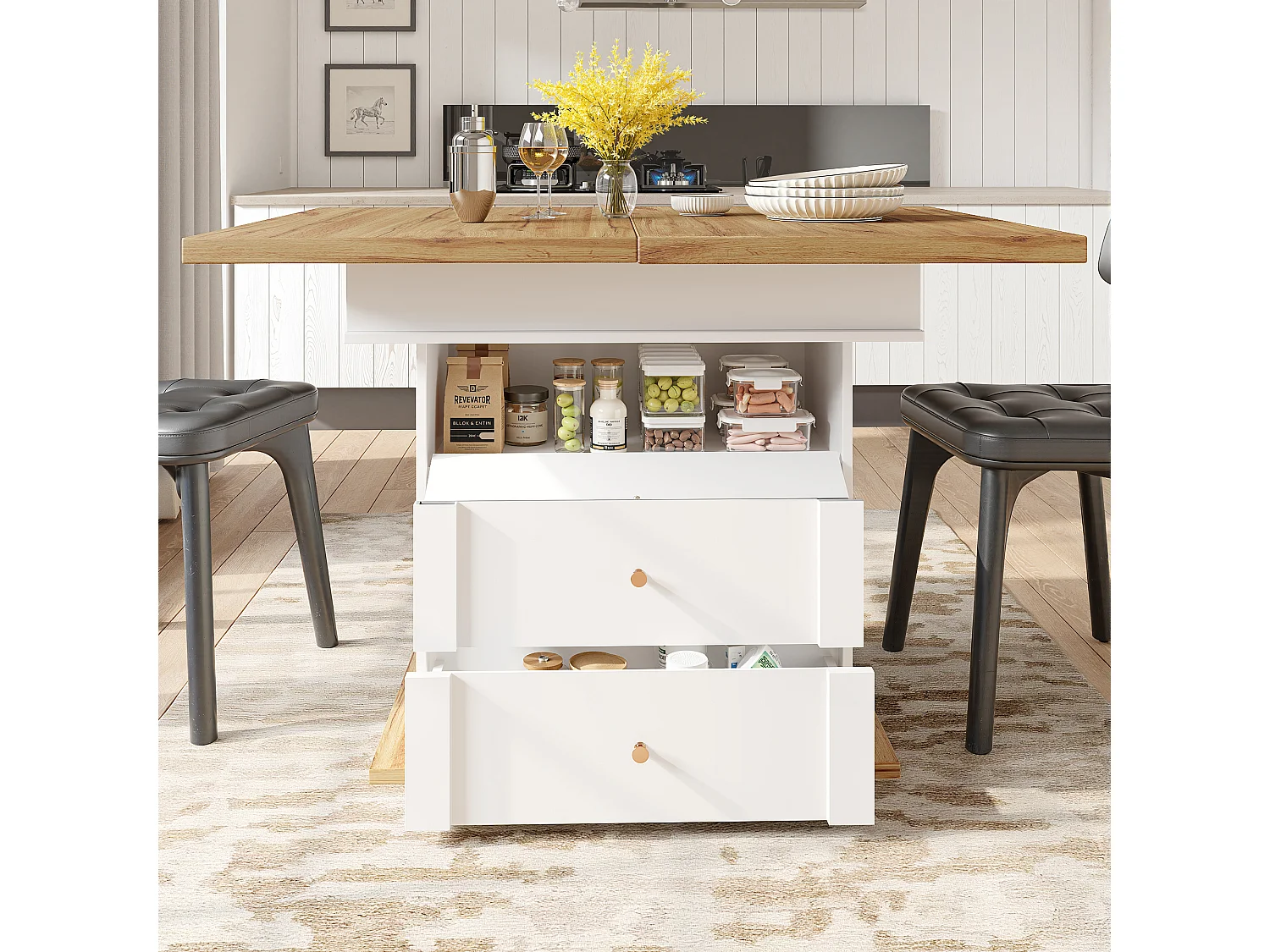 Table à manger extensible 110-140×80cm - 4-6 personne - 1 porte et 2 tiroirs - Style moderne - Blanc