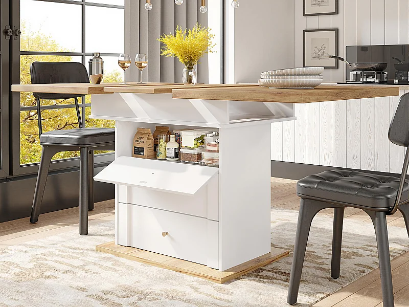 Table à manger extensible 110-140×80cm - 4-6 personne - 1 porte et 2 tiroirs - Style moderne - Blanc