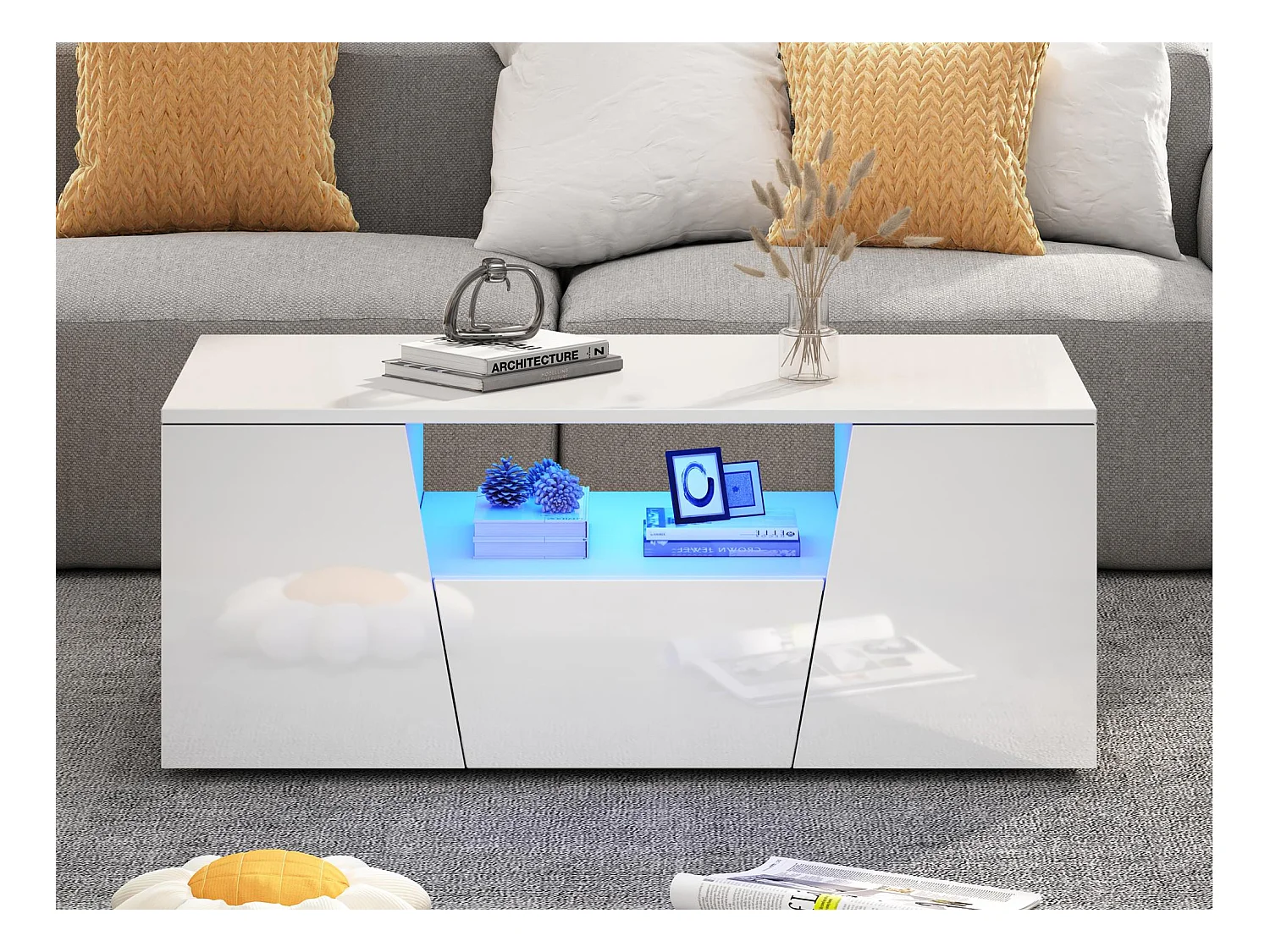 Table basse haute brillance 100x50x40 cm - avec éclairage LED - 2 portes et 1 tiroir - blanc