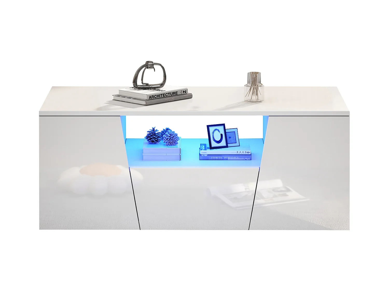 Table basse haute brillance 100x50x40 cm - avec éclairage LED - 2 portes et 1 tiroir - blanc