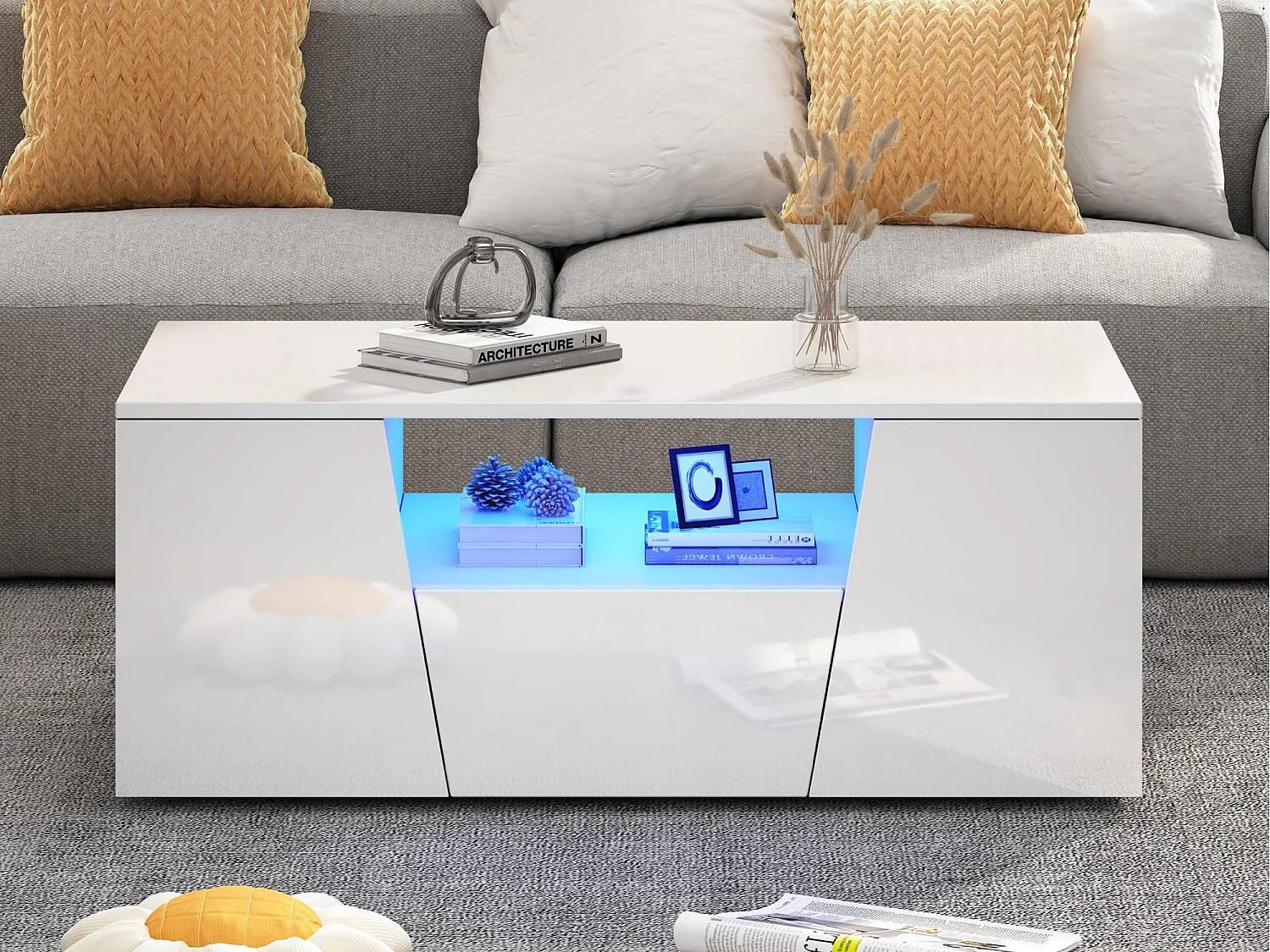 Table basse haute brillance 100x50x40 cm - avec éclairage LED - 2 portes et 1 tiroir - blanc