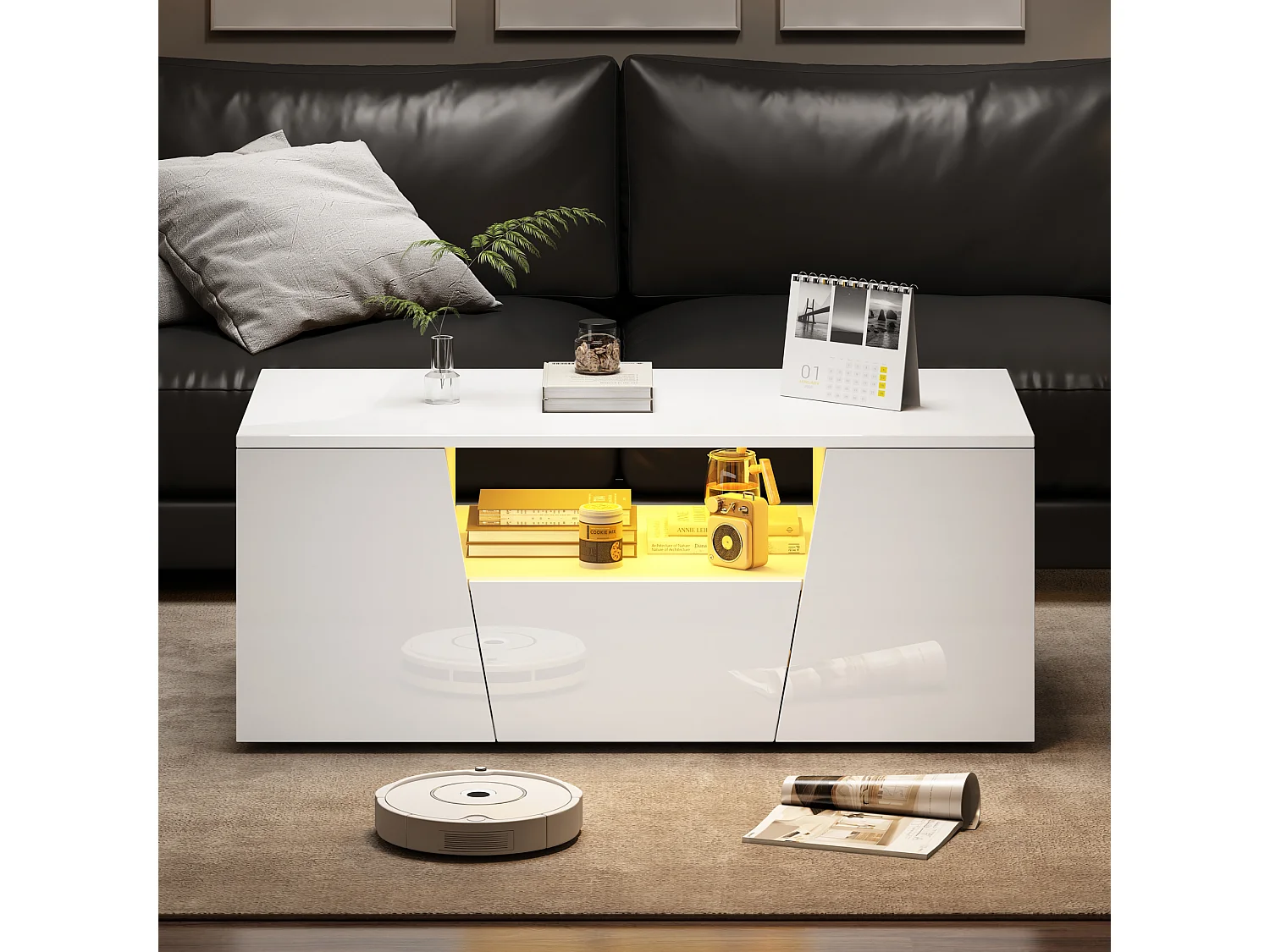 Table basse haute brillance 100x50x40 cm - avec éclairage LED - 2 portes et 1 tiroir - blanc