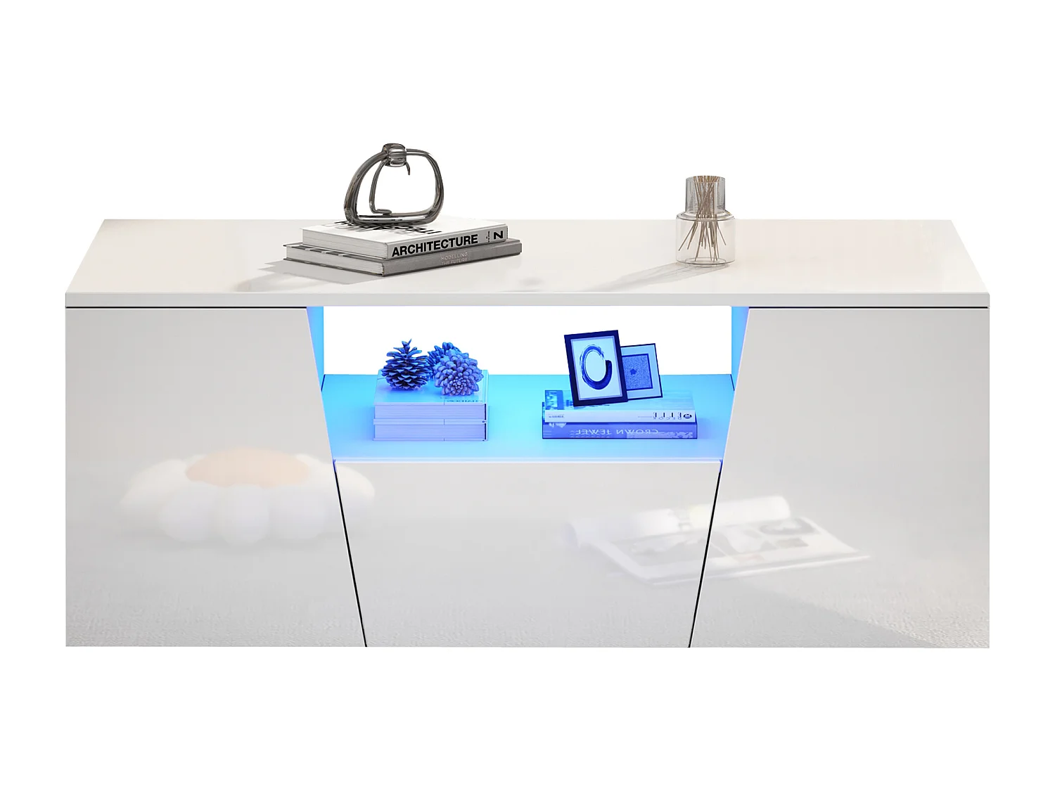 Table basse haute brillance 100x50x40 cm - avec éclairage LED - 2 portes et 1 tiroir - blanc