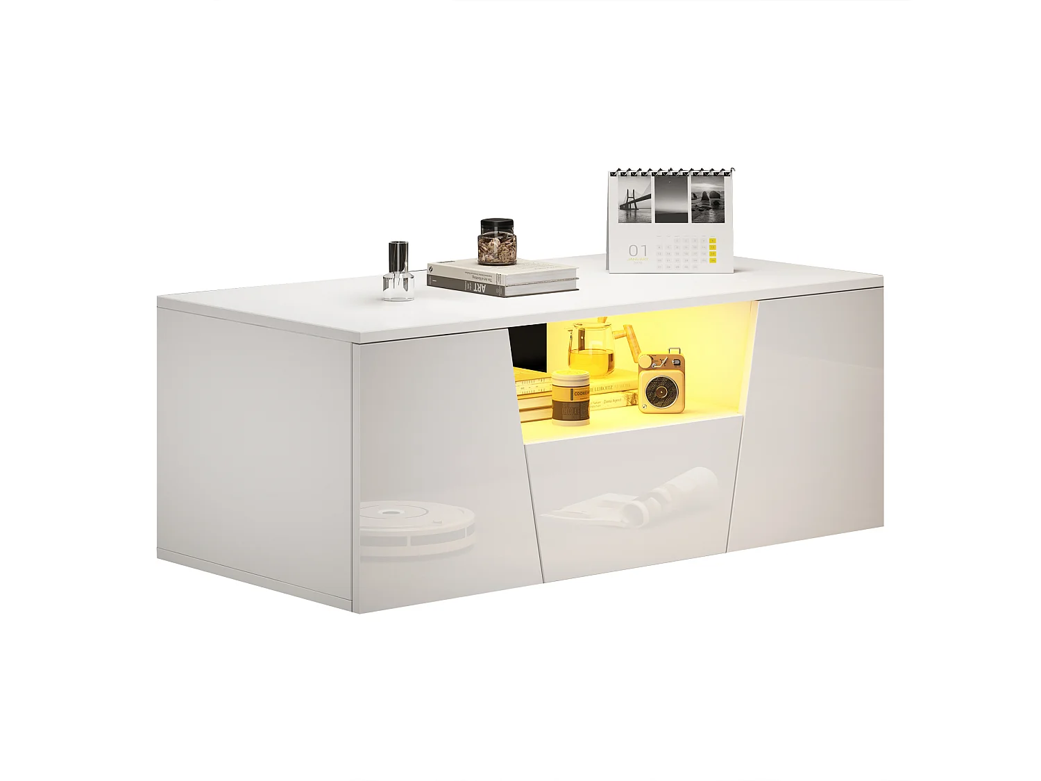 Table basse haute brillance 100x50x40 cm - avec éclairage LED - 2 portes et 1 tiroir - blanc