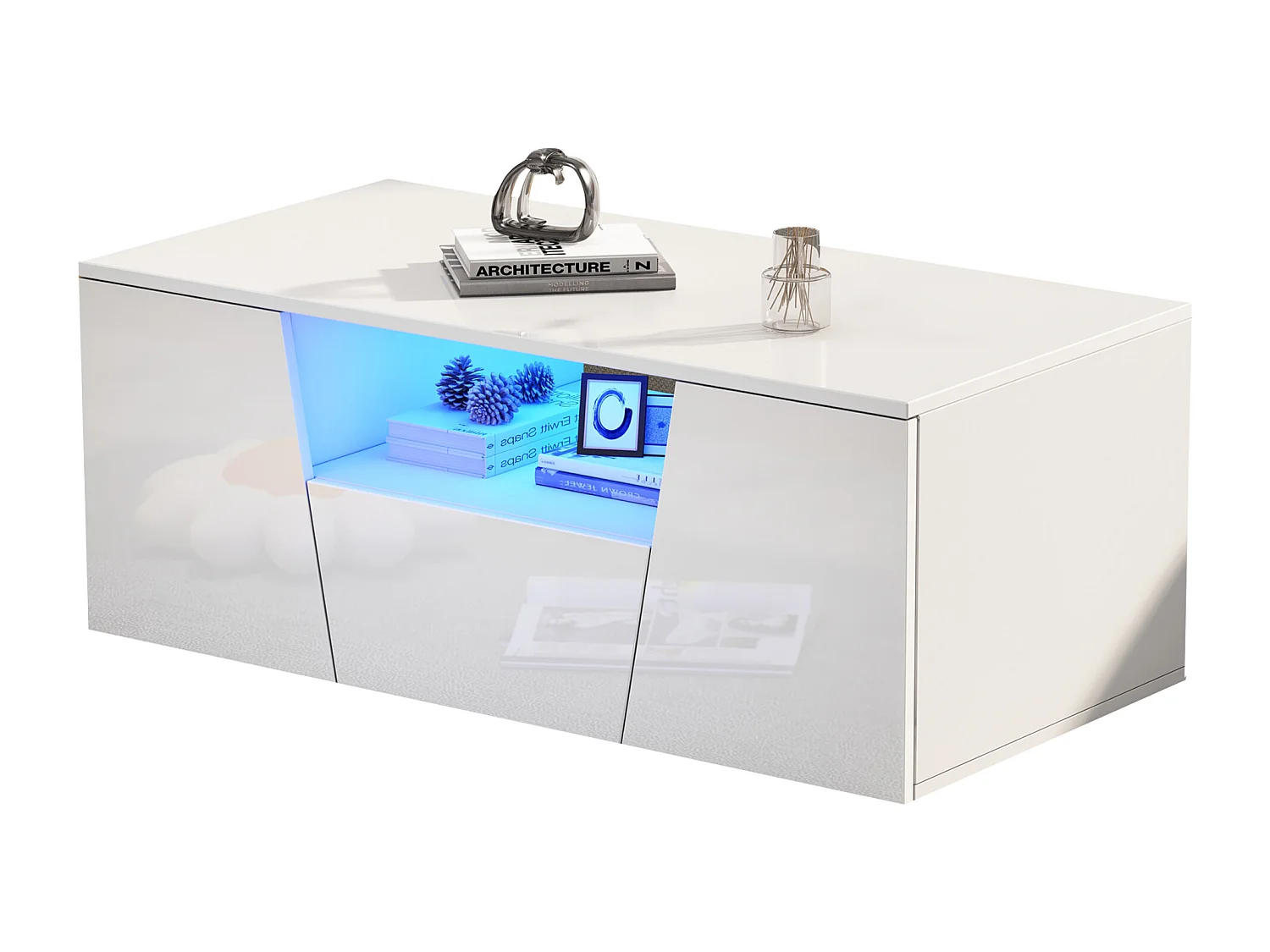 Table basse haute brillance 100x50x40 cm - avec éclairage LED - 2 portes et 1 tiroir - blanc