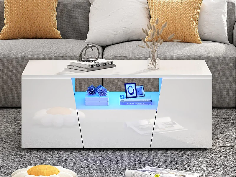 Table basse haute brillance 100x50x40 cm - avec éclairage LED - 2 portes et 1 tiroir - blanc
