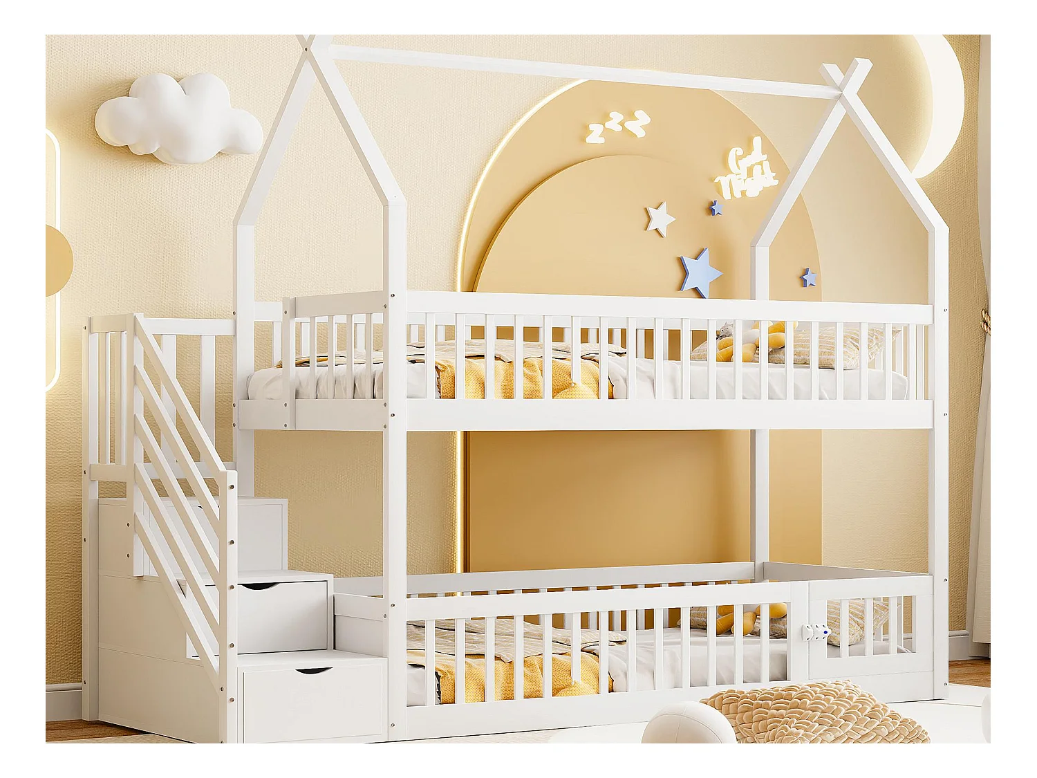 Lit superposé enfant 90x200 cm - avec échelle de sécurité et 3 tiroirs - blanc (matelas non inclus)