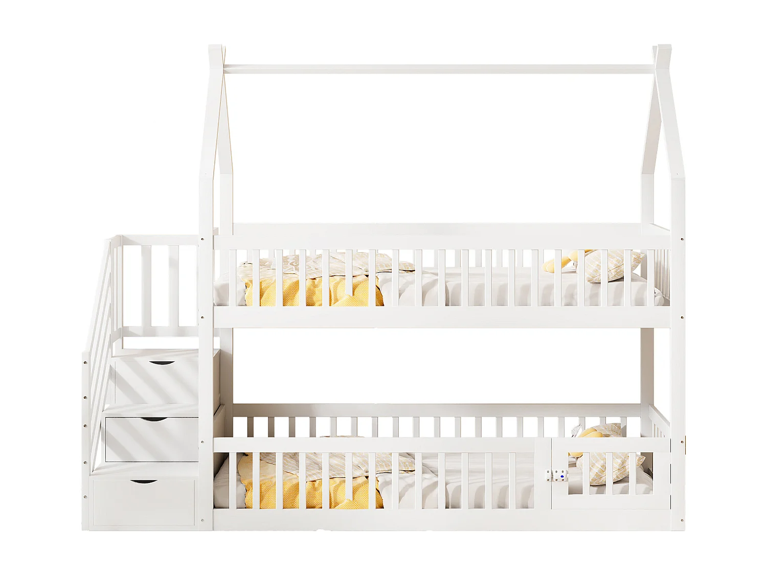 Łóżko piętrowe dla dzieci 90×200 cm - z drabiną bezpieczeństwa i 3 szufladami - białe (materac nie jest zawarty)