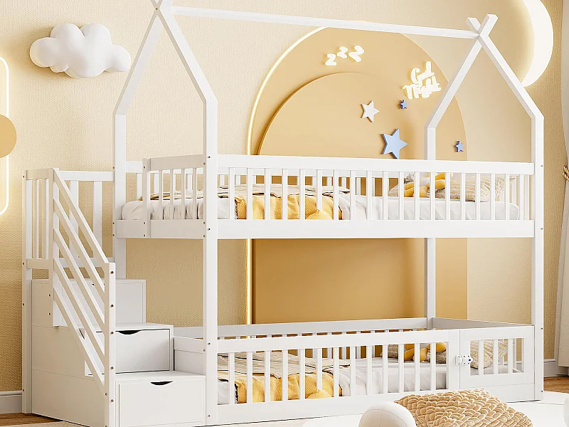 Lit superposé enfant 90x200 cm - avec échelle de sécurité et 3 tiroirs - blanc (matelas non inclus)