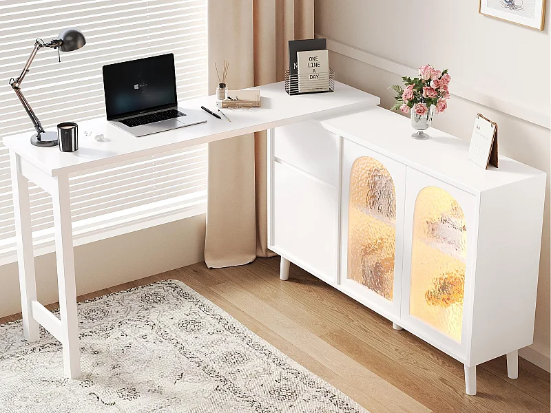 Bureau d'angle 120x40x78 cm - rotatif à 360° - avec éclairage LED - 3 portes et 1 tiroir - blanc