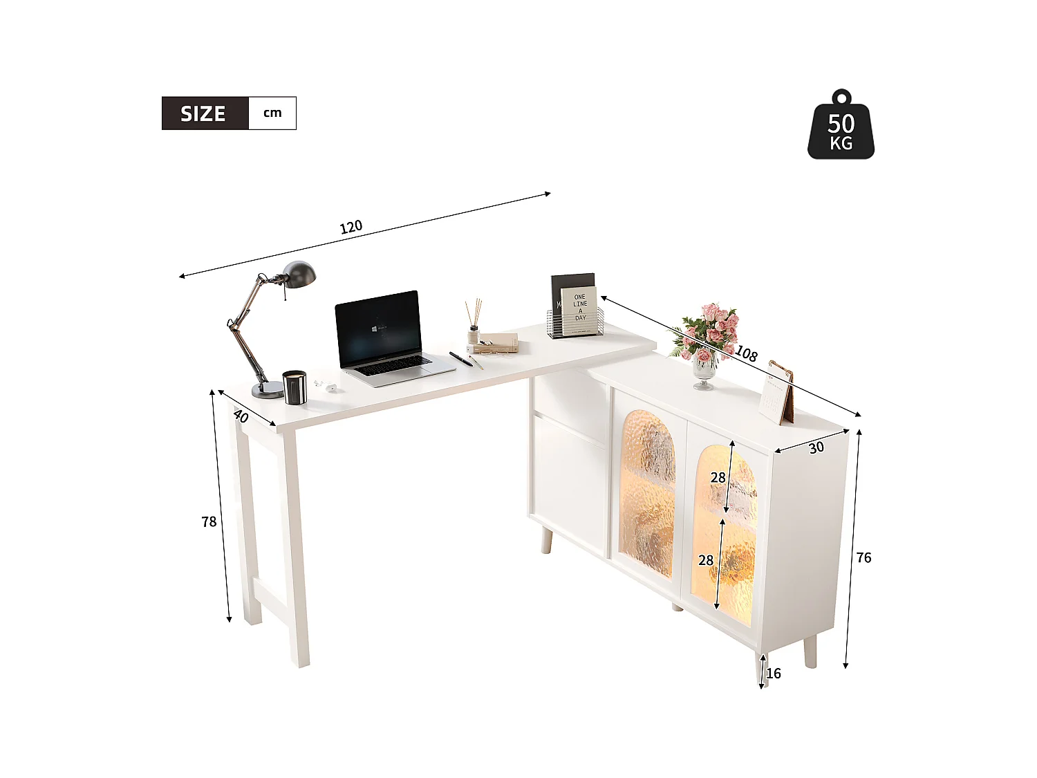 Bureau d'angle 120x40x78 cm - rotatif à 360° - avec éclairage LED - 3 portes et 1 tiroir - blanc