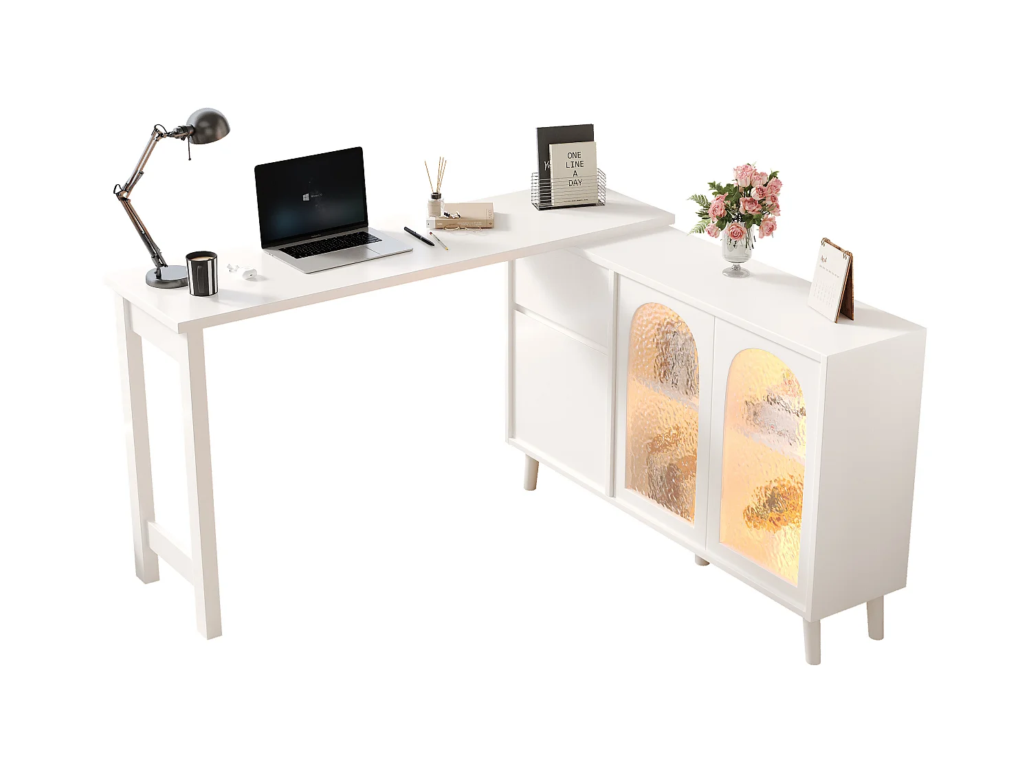Bureau d'angle 120x40x78 cm - rotatif à 360° - avec éclairage LED - 3 portes et 1 tiroir - blanc