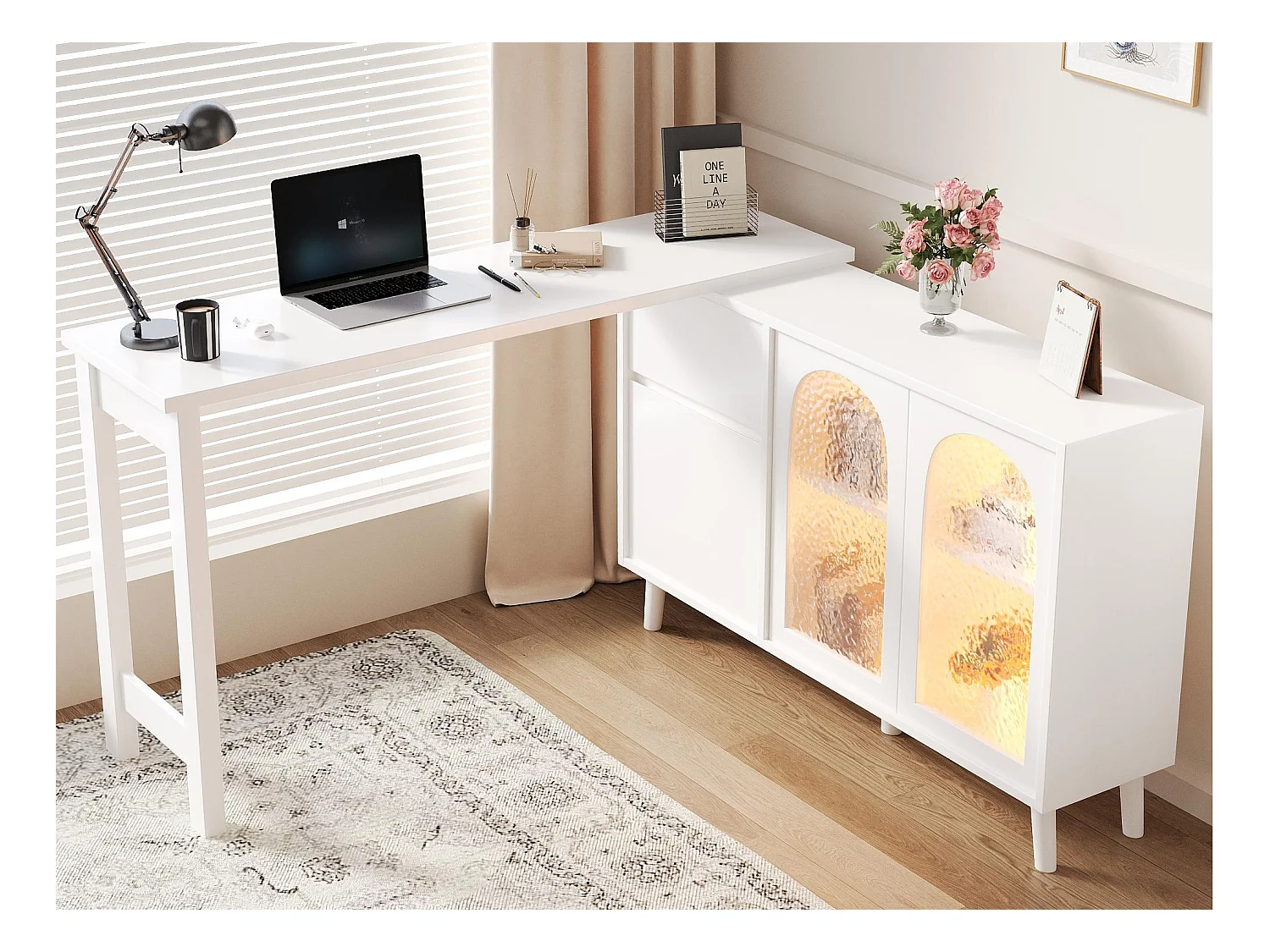Bureau d'angle 120x40x78 cm - rotatif à 360° - avec éclairage LED - 3 portes et 1 tiroir - blanc