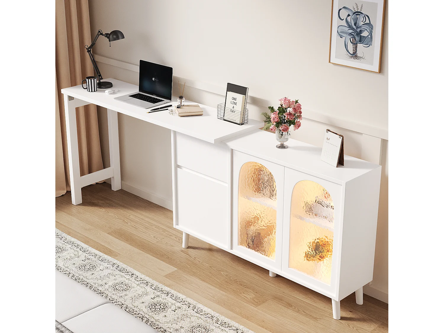 Drehbarer Eckschreibtisch 120×40×78 cm - 360° drehbar - mit LED-Beleuchtung - 3 Türen und 1 Schublade - weiß