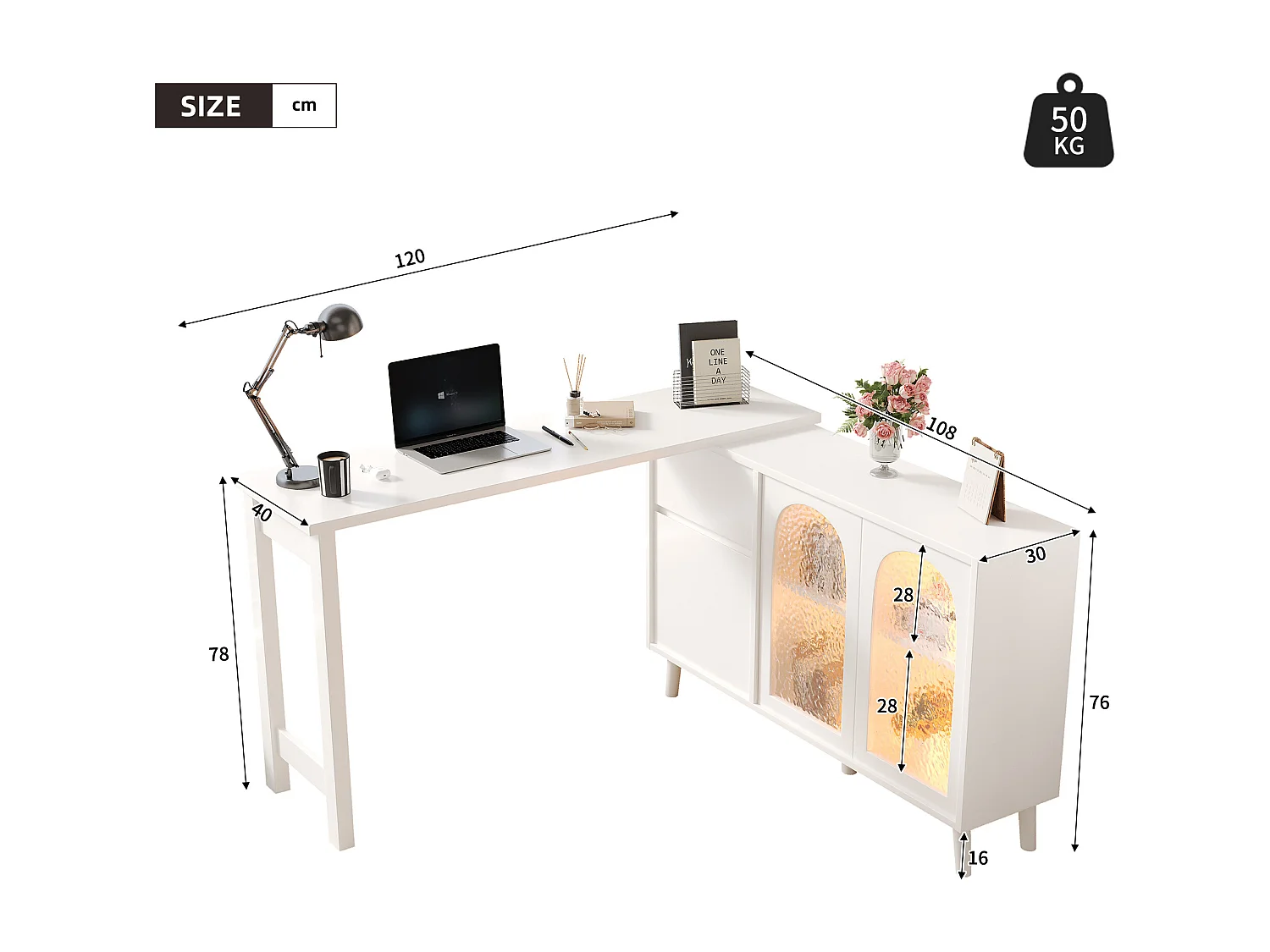 Drehbarer Eckschreibtisch 120×40×78 cm - 360° drehbar - mit LED-Beleuchtung - 3 Türen und 1 Schublade - weiß