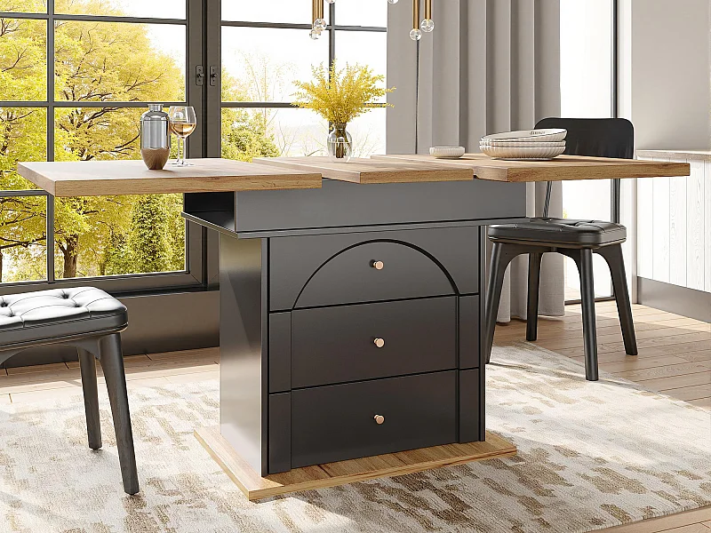 Stół rozsuwany 110-140×80 cm - dla 4-6 osób - z 1 drzwiami i 2 szufladami - styl nowoczesny - czarny