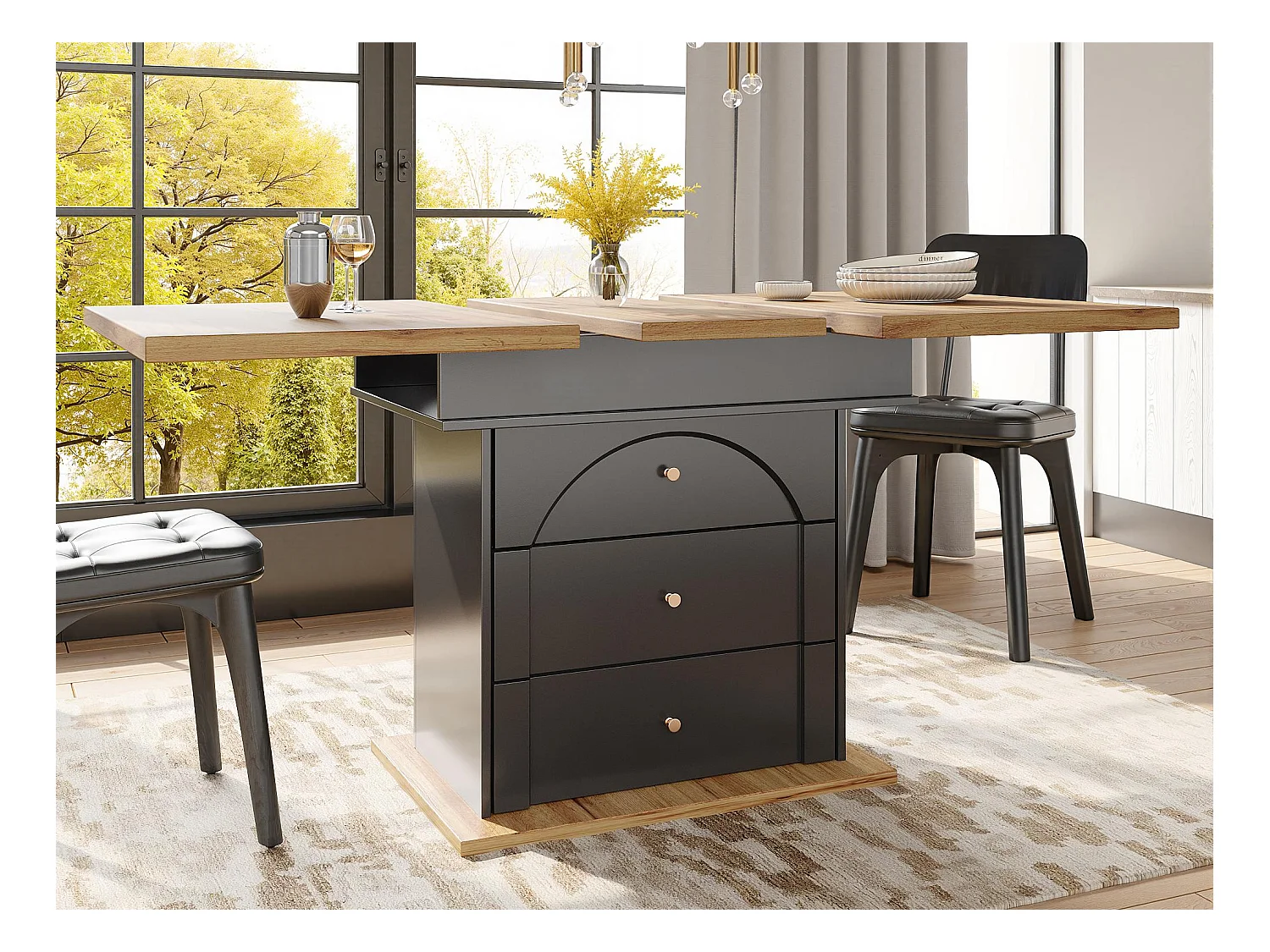 Table à manger extensible 110-140×80cm - 4-6 personne - 1 porte et 2 tiroirs - Style moderne - Noir
