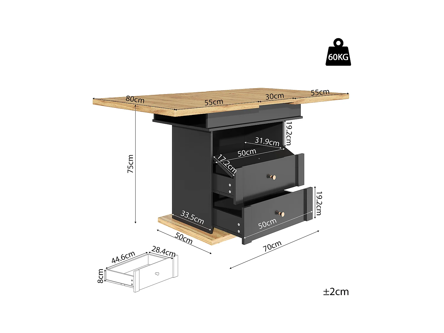 Table à manger extensible 110-140×80cm - 4-6 personne - 1 porte et 2 tiroirs - Style moderne - Noir