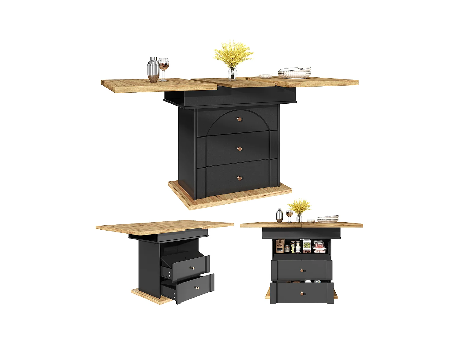 Table à manger extensible 110-140×80cm - 4-6 personne - 1 porte et 2 tiroirs - Style moderne - Noir