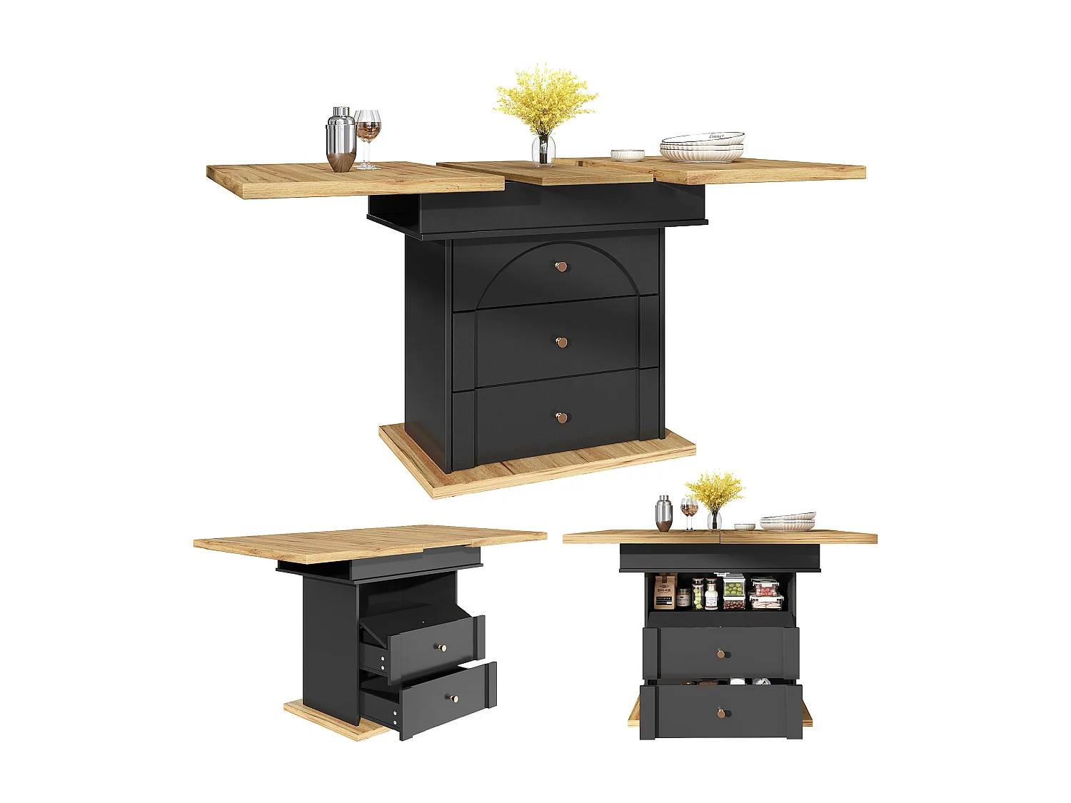 Table à manger extensible 110-140×80cm - 4-6 personne - 1 porte et 2 tiroirs - Style moderne - Noir