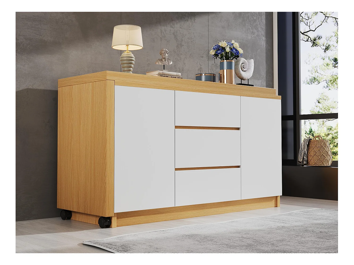 Bureau d'angle 120x50x76.5 cm - Plateau pivotant à 360° - 3 tiroirs et 2 portes - Avec roulettes verrouillables - Naturel + Blanc