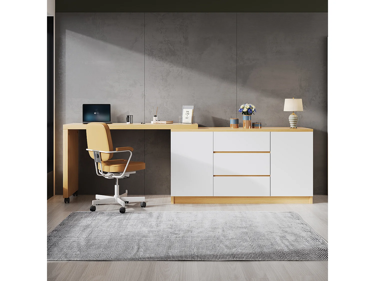 Bureau d'angle 120x50x76.5 cm - Plateau pivotant à 360° - 3 tiroirs et 2 portes - Avec roulettes verrouillables - Naturel + Blanc