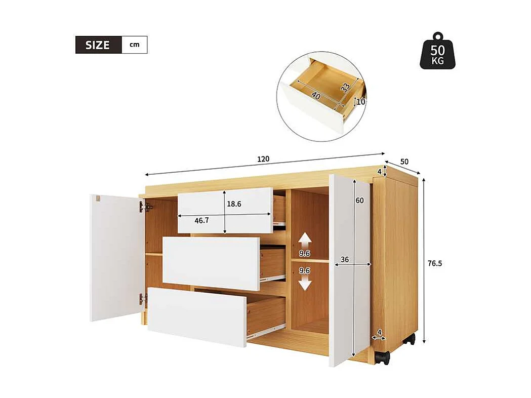 Bureau d'angle 120x50x76.5 cm - Plateau pivotant à 360° - 3 tiroirs et 2 portes - Avec roulettes verrouillables - Naturel + Blanc