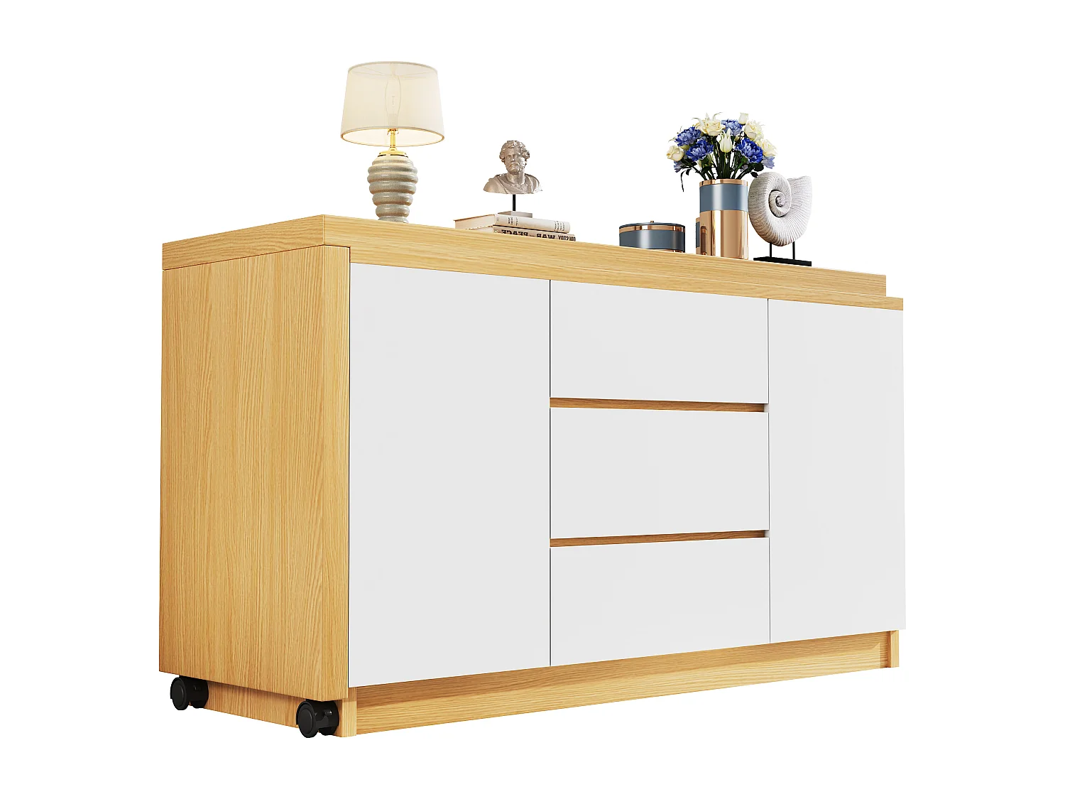 Bureau d'angle 120x50x76.5 cm - Plateau pivotant à 360° - 3 tiroirs et 2 portes - Avec roulettes verrouillables - Naturel + Blanc