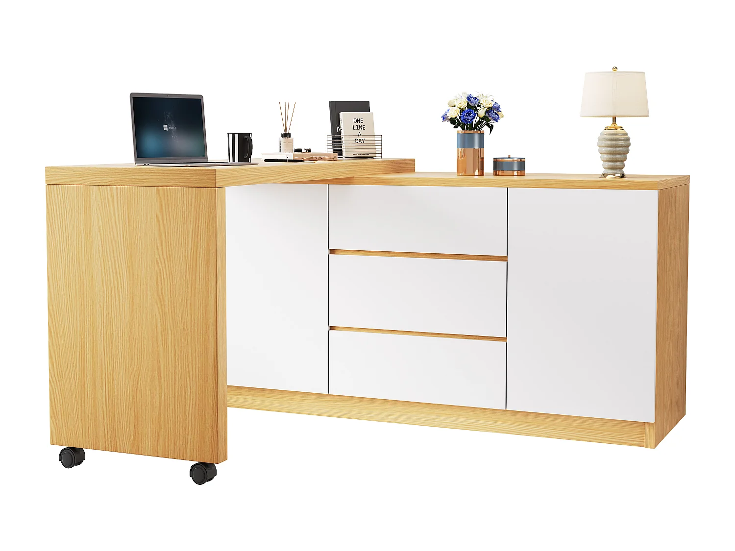 Bureau d'angle 120x50x76.5 cm - Plateau pivotant à 360° - 3 tiroirs et 2 portes - Avec roulettes verrouillables - Naturel + Blanc